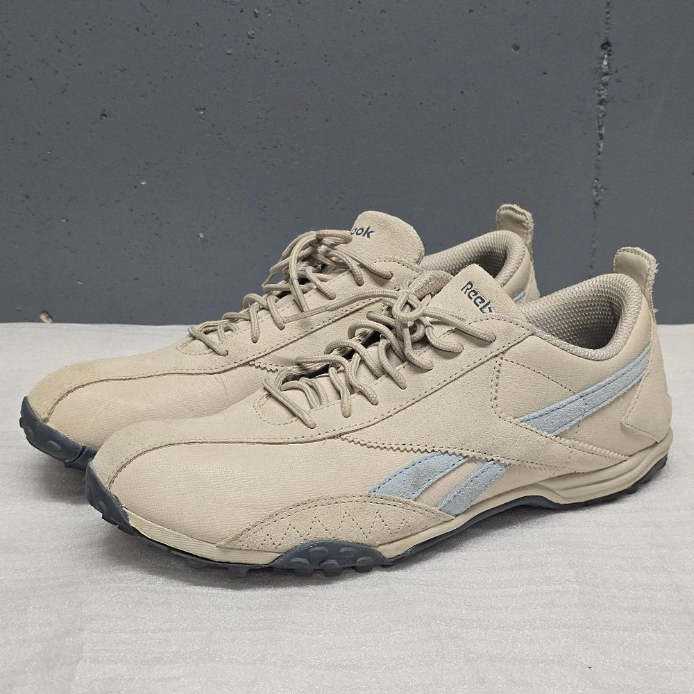 Vintage Reebok Suede Sporty Slip On Sneakers Cream Blue 10